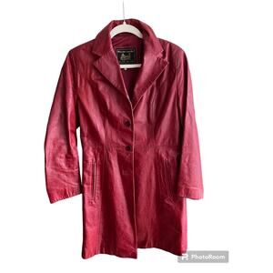 Red Leather Vintage Trench Coat - Size Small